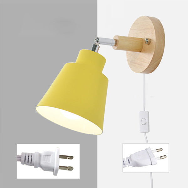 Round Horn Shape Iron Shade Wood 1-Light Wall Sconce Lamp