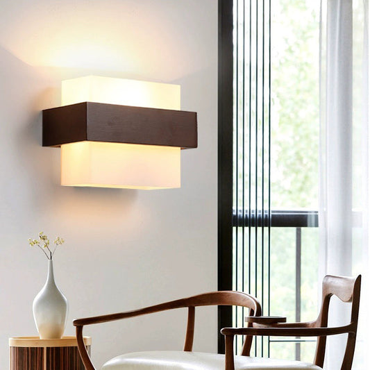 Chinese Rectangle Wood Glass 1-Light Wall Sconce Lamp
