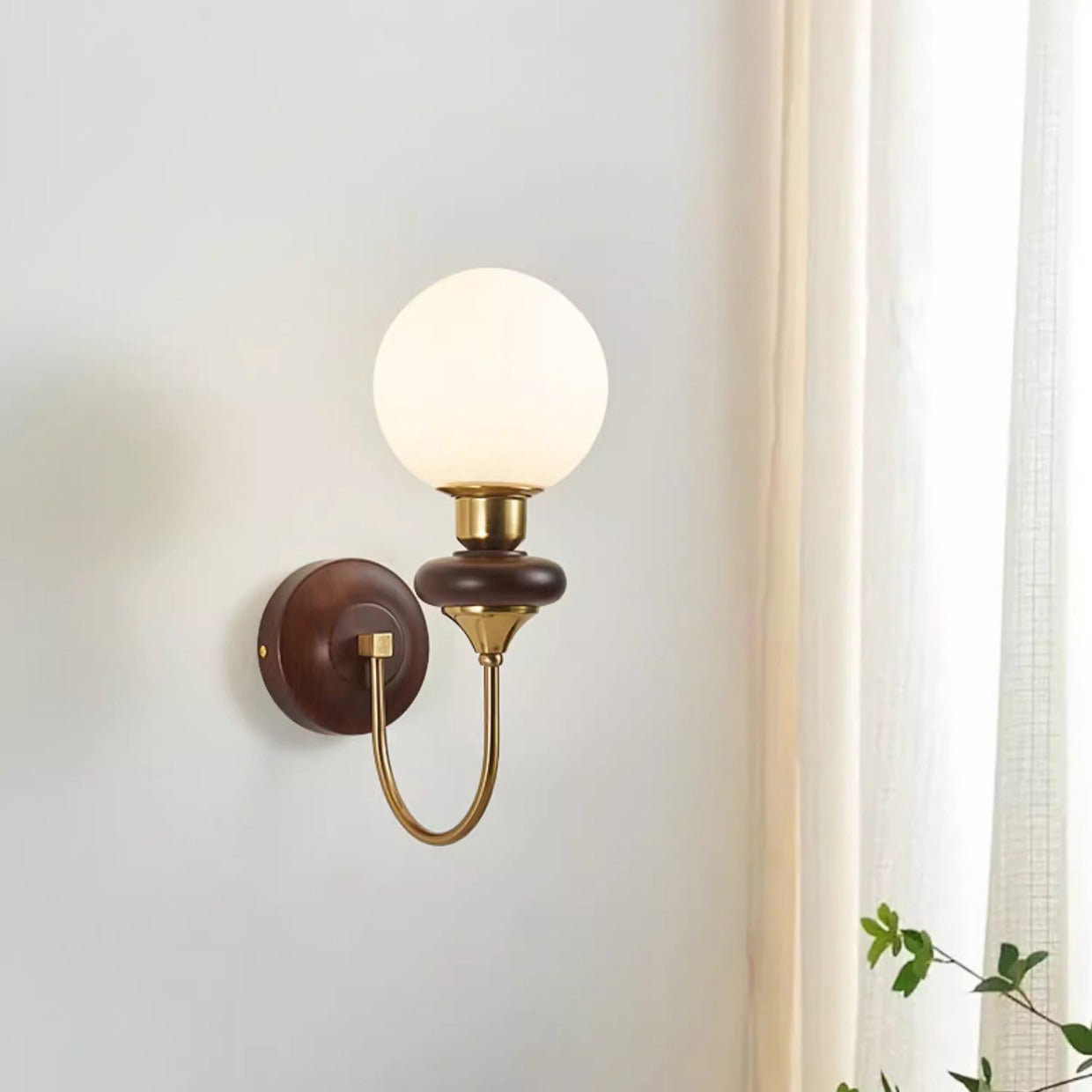Curved Wood Frame Glass Shade 1-Light Wall Sconce Lamp