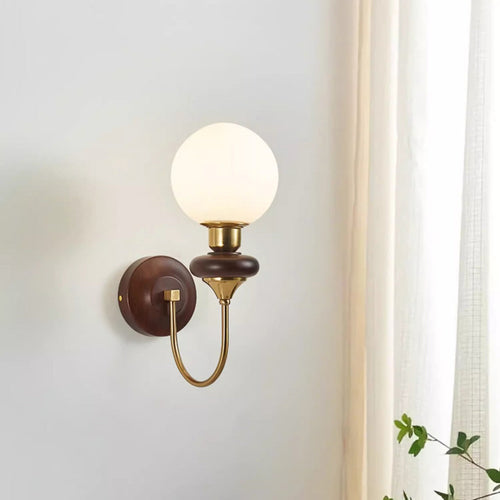 Curved Wood Frame Glass Shade 1-Light Wall Sconce Lamp