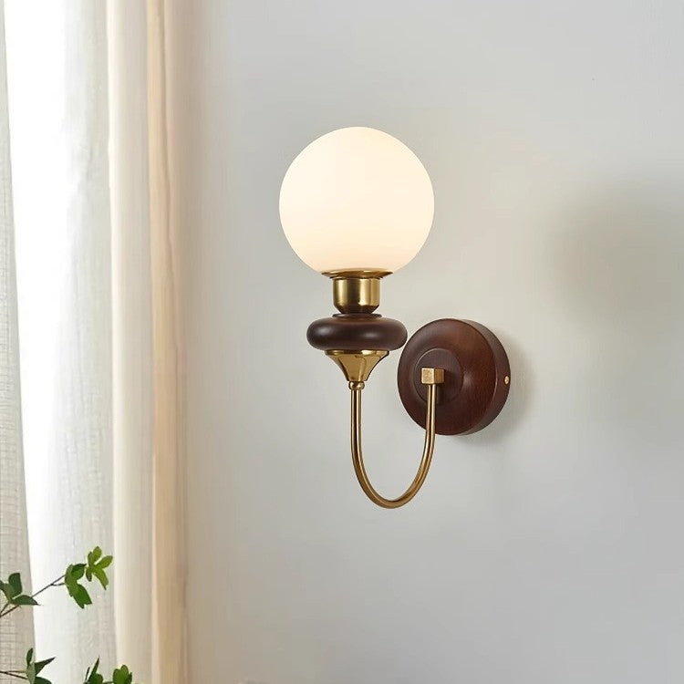 Curved Wood Frame Glass Shade 1-Light Wall Sconce Lamp