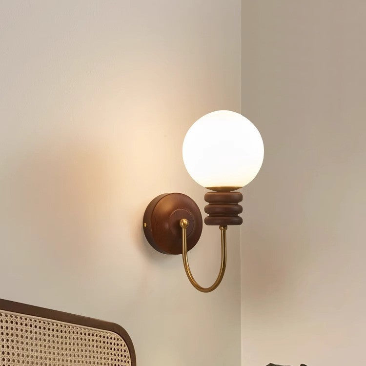Curved Wood Frame Glass Shade 1-Light Wall Sconce Lamp
