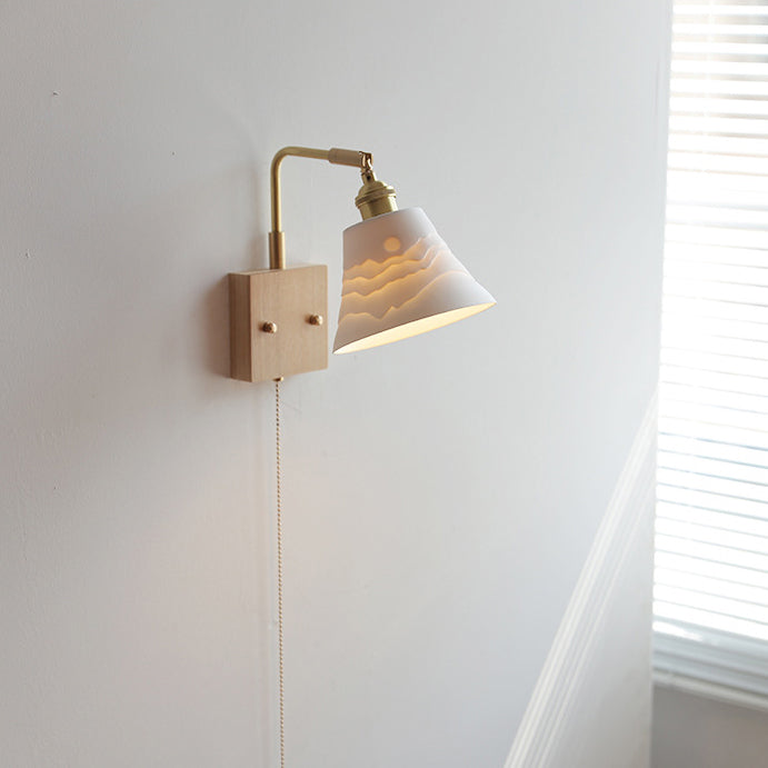 Japanese Shape Wood Copper Ceramic 1-Light Wall Sconce Lamp