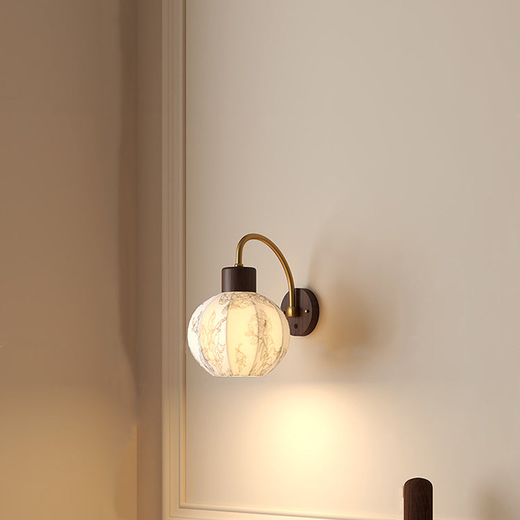 Curved Wood Frame Fabric Shade 1-Light Wall Sconce Lamp