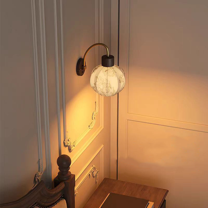 Curved Wood Frame Fabric Shade 1-Light Wall Sconce Lamp