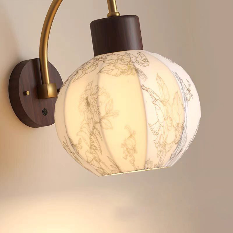 Curved Wood Frame Fabric Shade 1-Light Wall Sconce Lamp