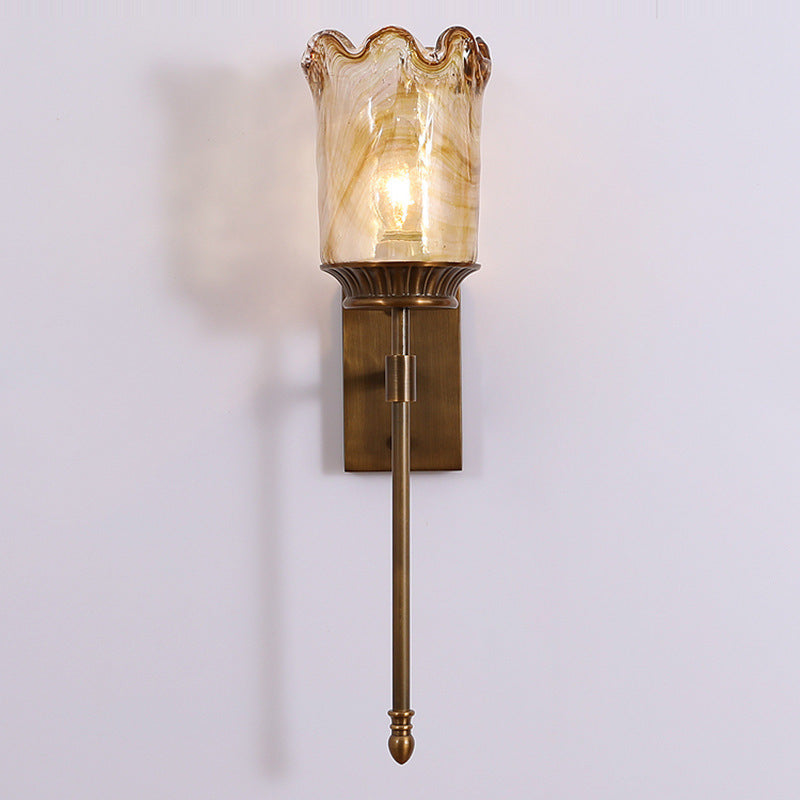 Flower Copper Pole Glass Shade 1-Light Wall Sconce Lamp