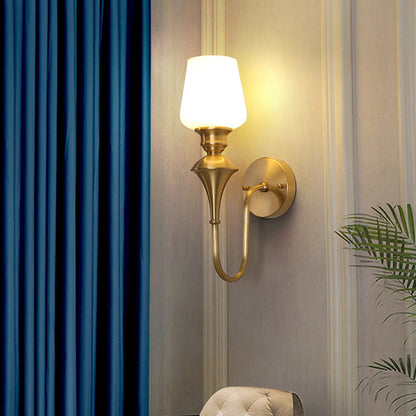 Curved Brass Frame Glass Shade 1/2 Light Wall Sconce Lamp
