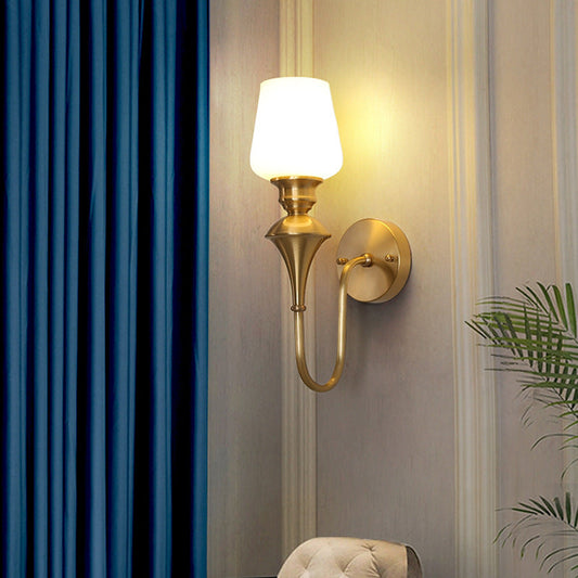 Curved Brass Frame Glass Shade 1/2 Light Wall Sconce Lamp