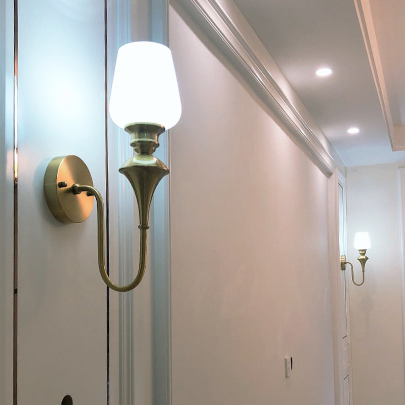 Curved Brass Frame Glass Shade 1/2 Light Wall Sconce Lamp