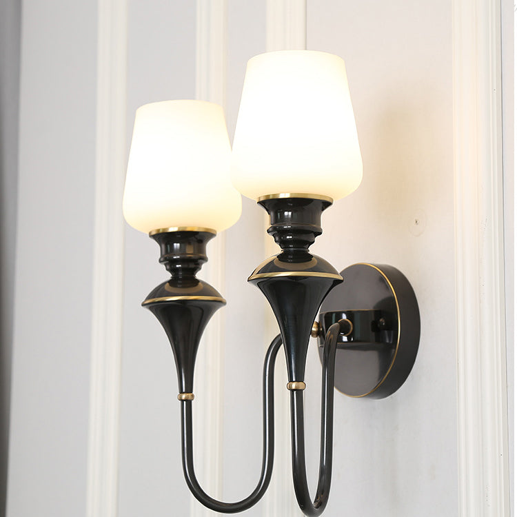 Curved Brass Frame Glass Shade 1/2 Light Wall Sconce Lamp
