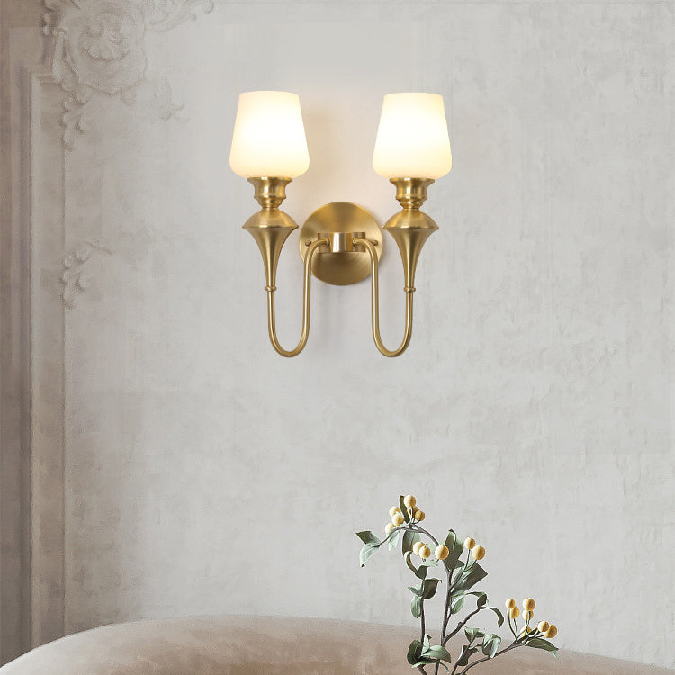 Curved Brass Frame Glass Shade 1/2 Light Wall Sconce Lamp