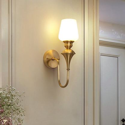Curved Brass Frame Glass Shade 1/2 Light Wall Sconce Lamp