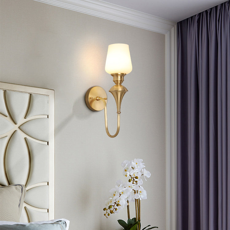 Curved Brass Frame Glass Shade 1/2 Light Wall Sconce Lamp