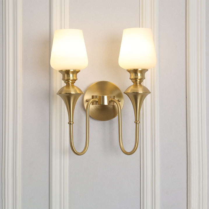 Curved Brass Frame Glass Shade 1/2 Light Wall Sconce Lamp