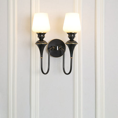Curved Brass Frame Glass Shade 1/2 Light Wall Sconce Lamp