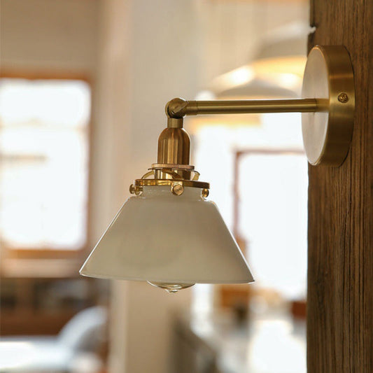 Round Cone Horn Shape Brass Glass 1-Light Wall Sconce Lamp