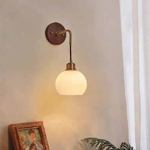 Round Glass Shade Copper Wood 1-Light Wall Sconce Lamp