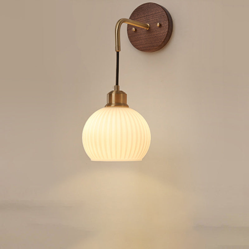 Round Glass Shade Copper Wood 1-Light Wall Sconce Lamp