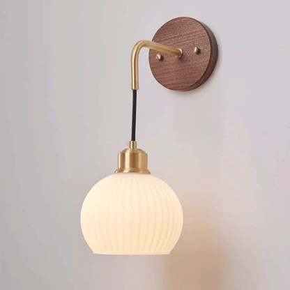 Round Glass Shade Copper Wood 1-Light Wall Sconce Lamp