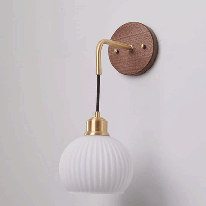 Round Glass Shade Copper Wood 1-Light Wall Sconce Lamp