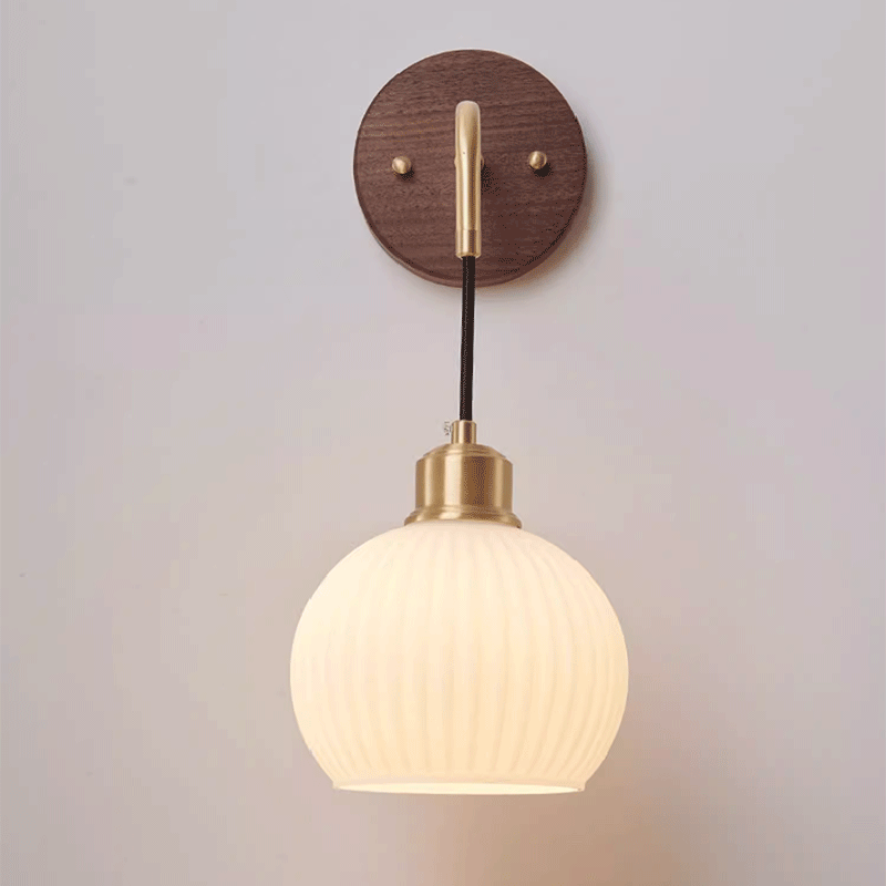 Round Glass Shade Copper Wood 1-Light Wall Sconce Lamp