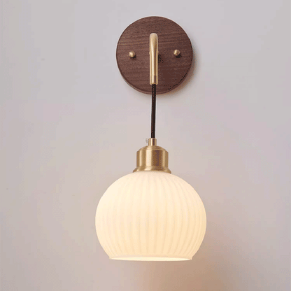 Round Glass Shade Copper Wood 1-Light Wall Sconce Lamp