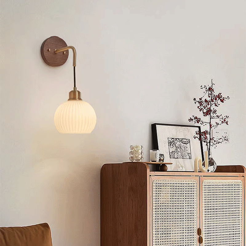 Round Glass Shade Copper Wood 1-Light Wall Sconce Lamp