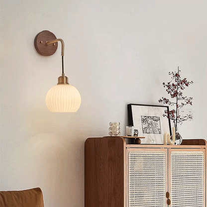 Round Glass Shade Copper Wood 1-Light Wall Sconce Lamp