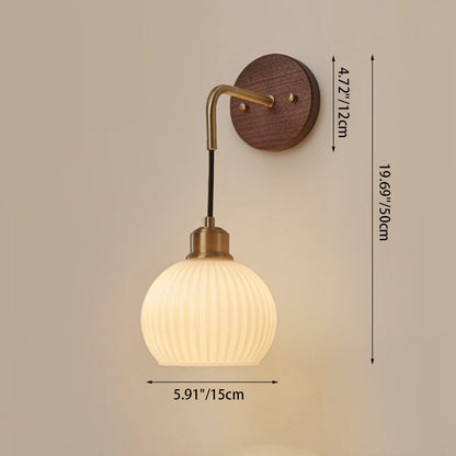 Round Glass Shade Copper Wood 1-Light Wall Sconce Lamp