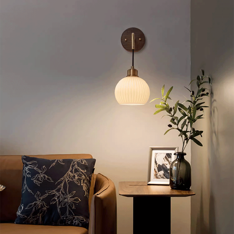 Round Glass Shade Copper Wood 1-Light Wall Sconce Lamp