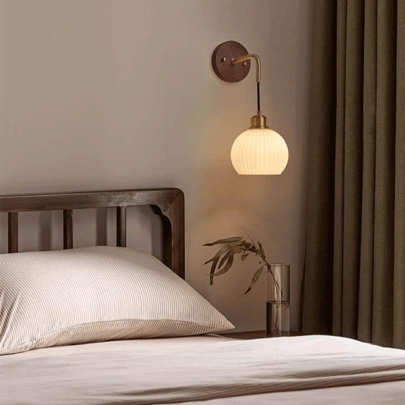 Round Glass Shade Copper Wood 1-Light Wall Sconce Lamp