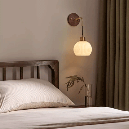 Round Glass Shade Copper Wood 1-Light Wall Sconce Lamp
