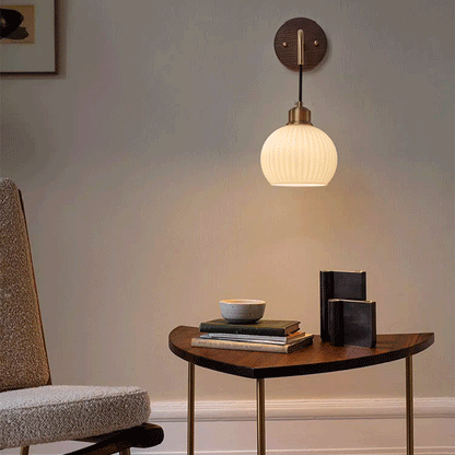 Round Glass Shade Copper Wood 1-Light Wall Sconce Lamp