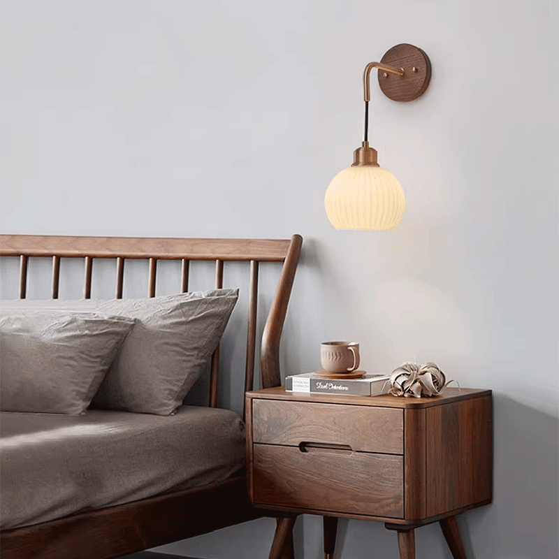 Round Glass Shade Copper Wood 1-Light Wall Sconce Lamp