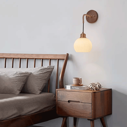 Round Glass Shade Copper Wood 1-Light Wall Sconce Lamp