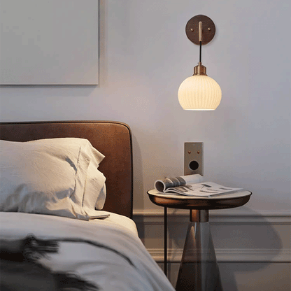 Round Glass Shade Copper Wood 1-Light Wall Sconce Lamp