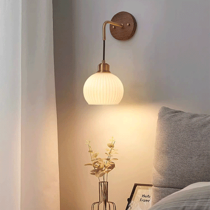 Round Glass Shade Copper Wood 1-Light Wall Sconce Lamp