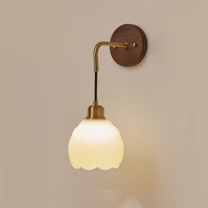 Oval Glass Shade Copper Wood 1-Light Wall Sconce Lamp