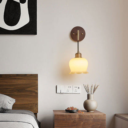 Oval Glass Shade Copper Wood 1-Light Wall Sconce Lamp