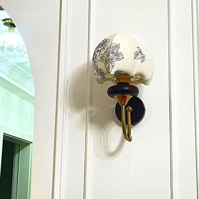 French Shade Wooden Iron Frame 1-Light Wall Sconce Lamp