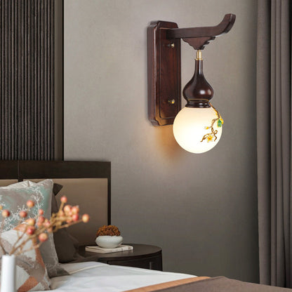 Chinese Brass Enameled Glass Shade 1-Light Wall Sconce Lamp