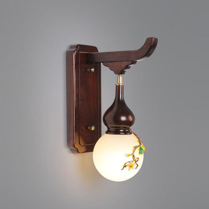 Chinese Brass Enameled Glass Shade 1-Light Wall Sconce Lamp