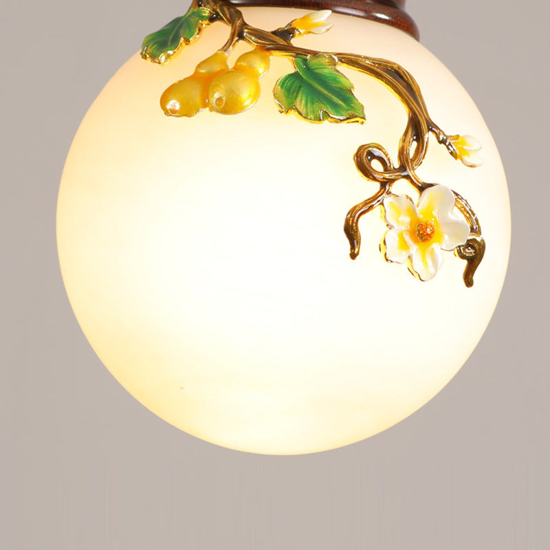 Chinese Brass Enameled Glass Shade 1-Light Wall Sconce Lamp