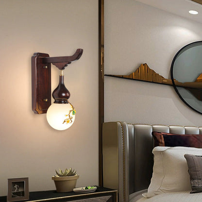 Chinese Brass Enameled Glass Shade 1-Light Wall Sconce Lamp