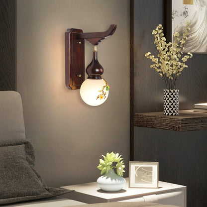 Chinese Brass Enameled Glass Shade 1-Light Wall Sconce Lamp
