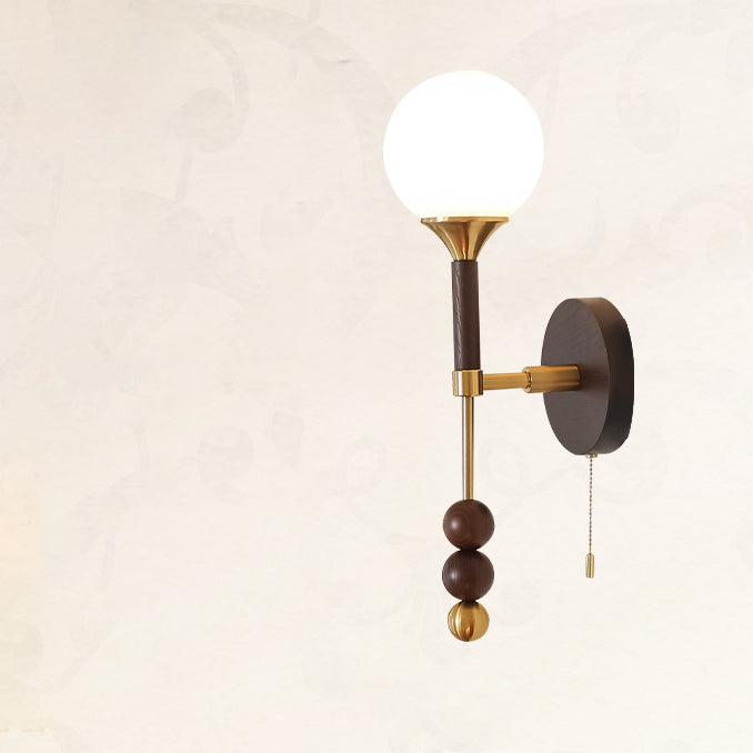 Cylinder Alloy Wood Glass Shade 1-Light Wall Sconce Lamp