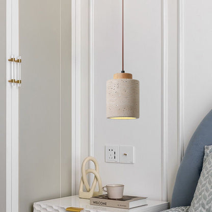 Traditional Vintage Cylinder Wood Travertine 1-Light Pendant Light For Bedroom