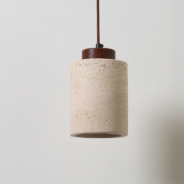 Traditional Vintage Cylinder Wood Travertine 1-Light Pendant Light For Bedroom
