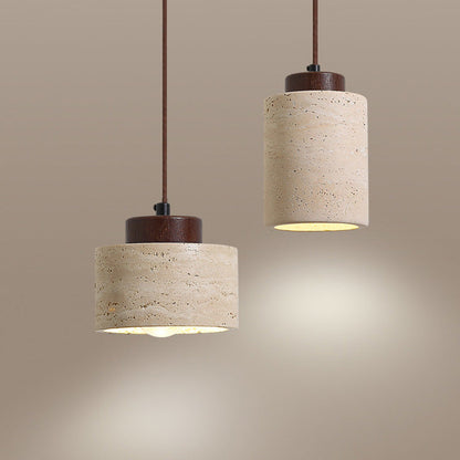 Traditional Vintage Cylinder Wood Travertine 1-Light Pendant Light For Bedroom